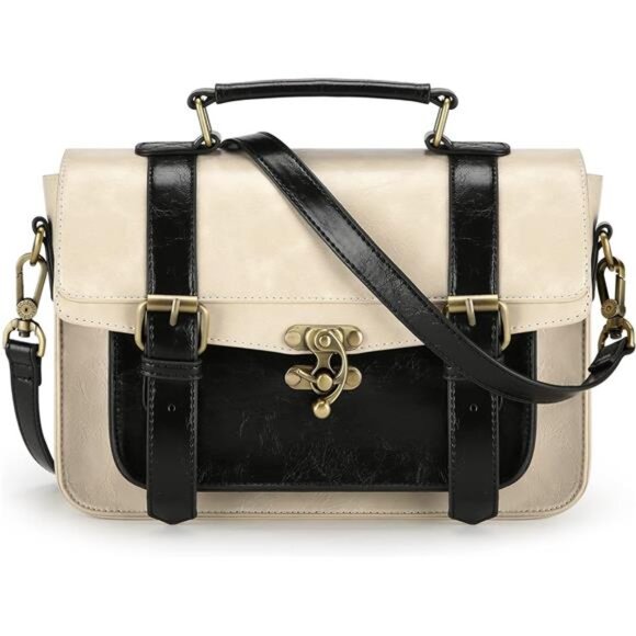 Women PU Leather Satchel Black+beige